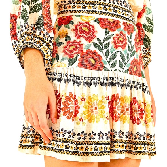 FARM Rio Dresses & Skirts - Farm Rio Mini Skirt Floral Cross Stitch pattern print - Size XL